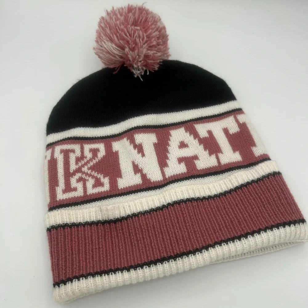 Victoria's Secret PINK Nation Pom Beanie Hat Black Maroon White OSITU Acrylic